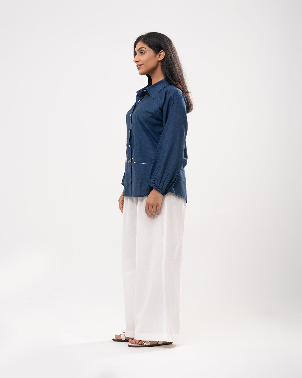 Denim Line Art Embroidered Shirt