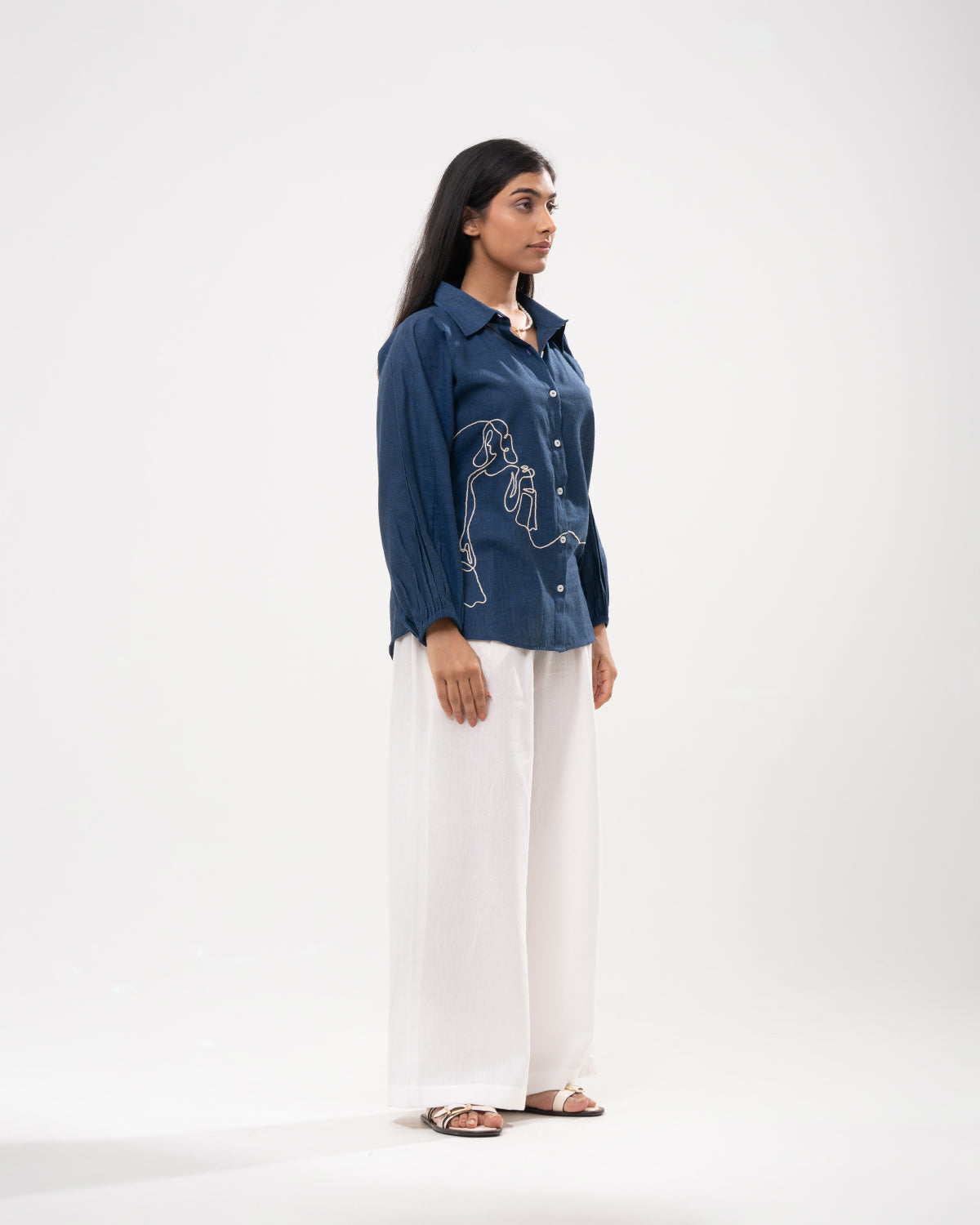 Denim Line Art Embroidered Shirt