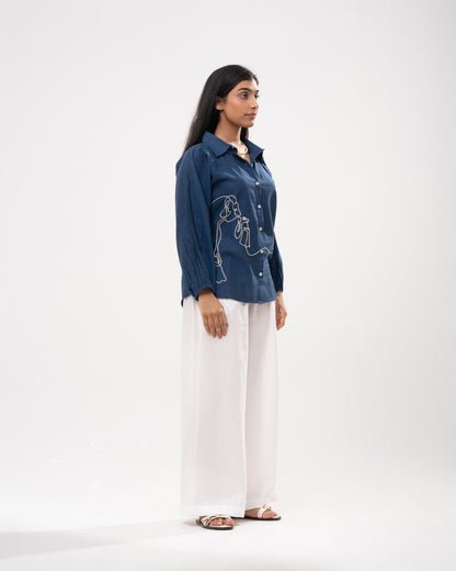 Denim Line Art Embroidered Shirt