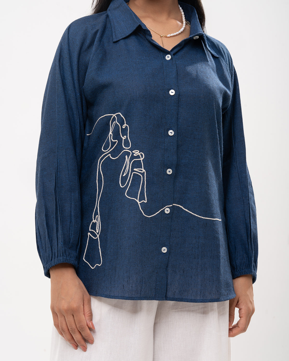 Denim Line Art Embroidered Shirt