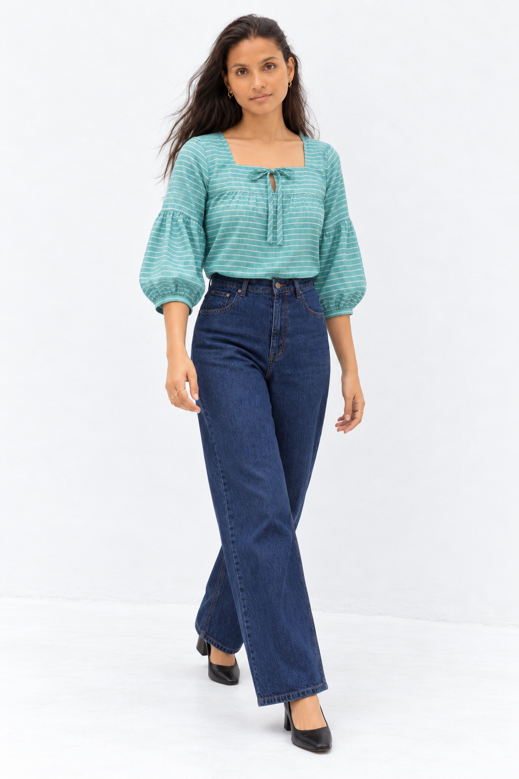 Seafoam stripe blouse front view with keyhole tie neckline