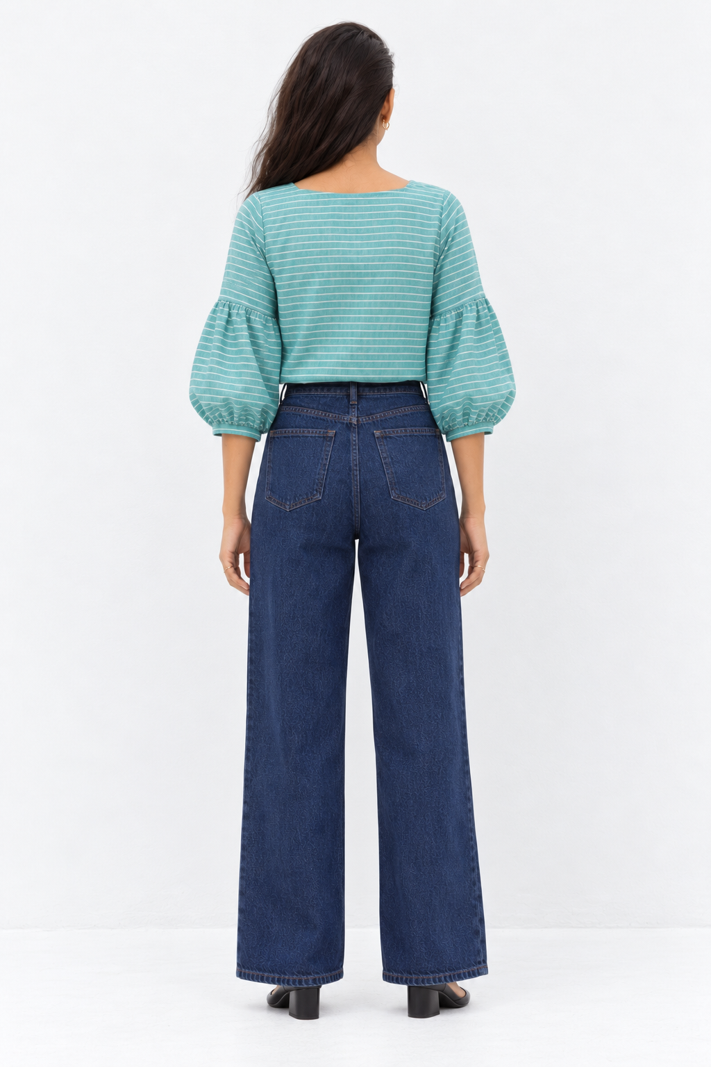 Square neck striped blouse side view showing puff sleeves