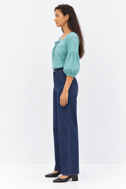 Seafoam striped blouse back view in European stripe fabric