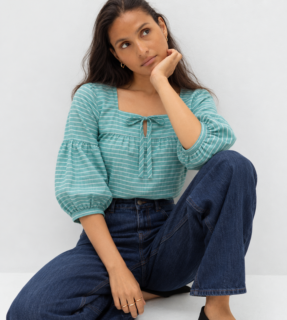 Seafoam green striped square neck blouse with tie front and balloon sleeves