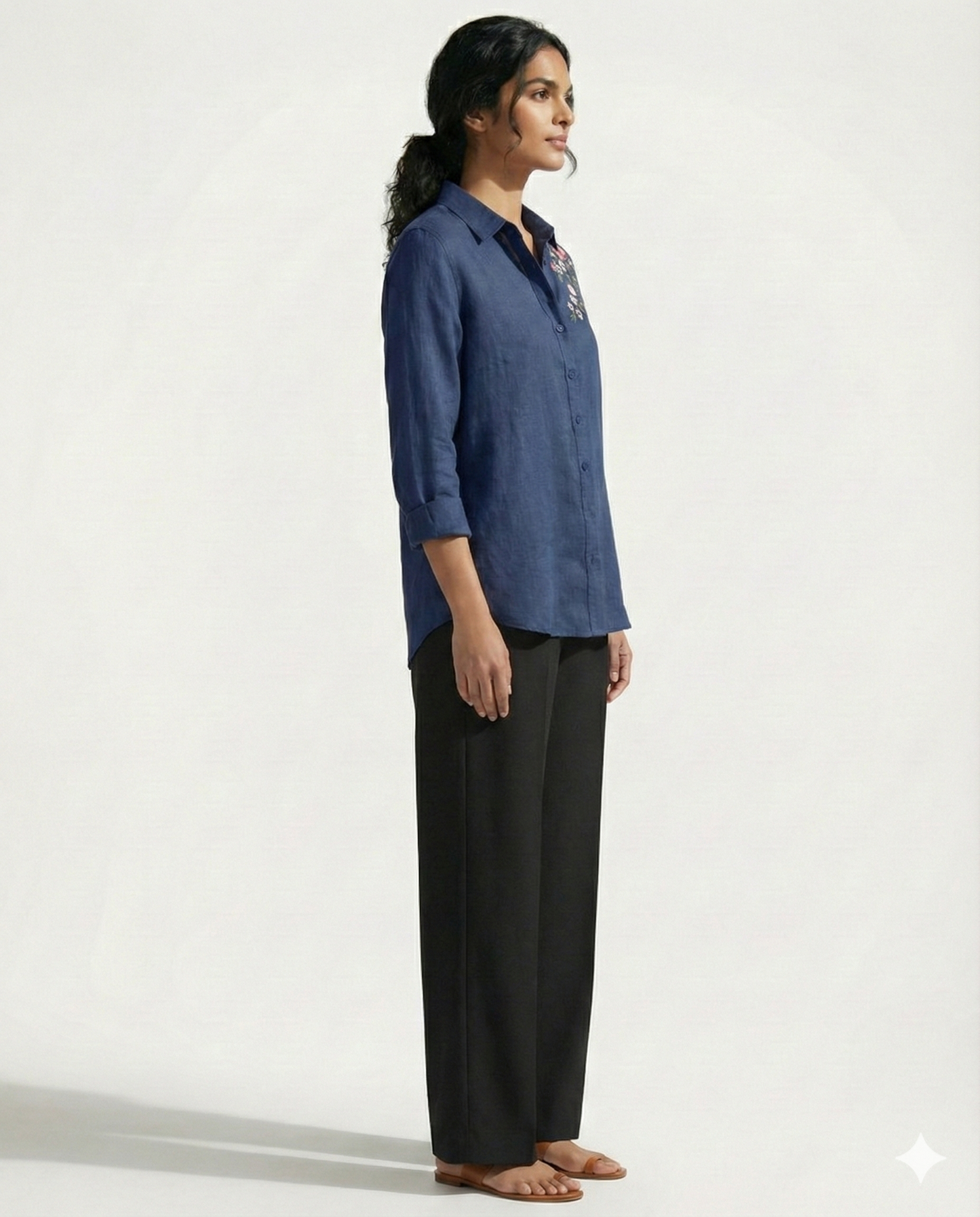 Mid Blue Bloom Embroidered Shirt