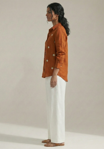 Sunset Daisy Embroidered Cotton Linen Shirt