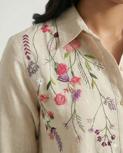 Beige Cotton Linen Bloom Shirt