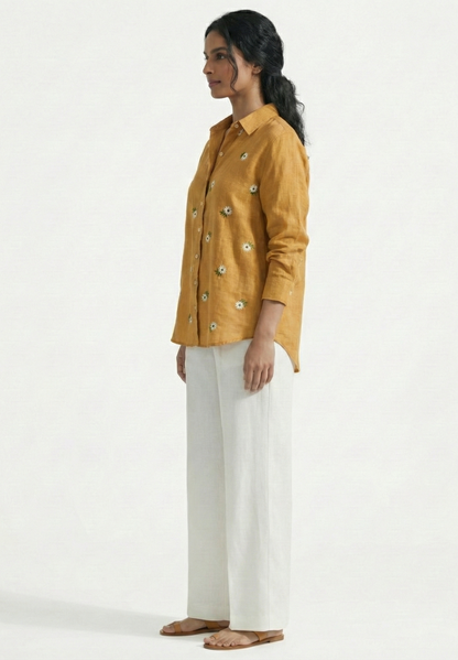 Yellow Daisy Embroidered Cotton Linen Shirt