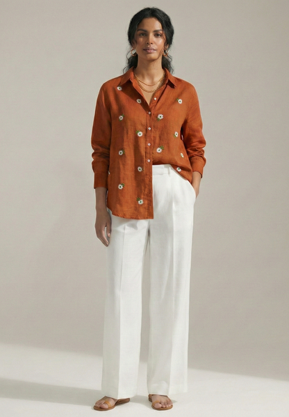 Sunset Daisy Embroidered Cotton Linen Shirt