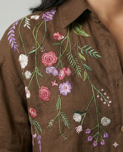 Brown Cotton Linen Bloom Shirt