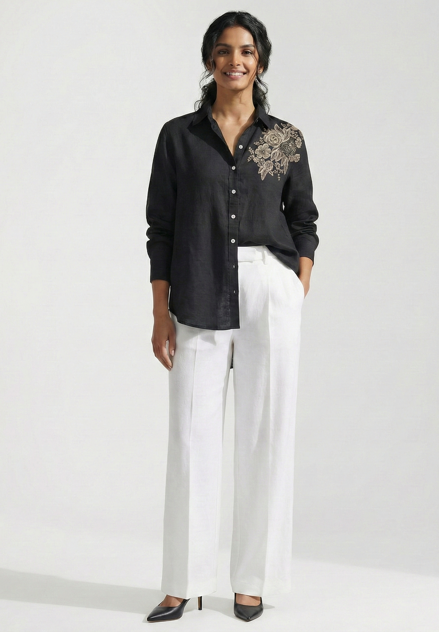 Silver Rose Rose Black Cotton linen Shirt