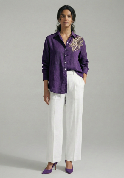 Plum Rose Rose Black Cotton linen Shirt