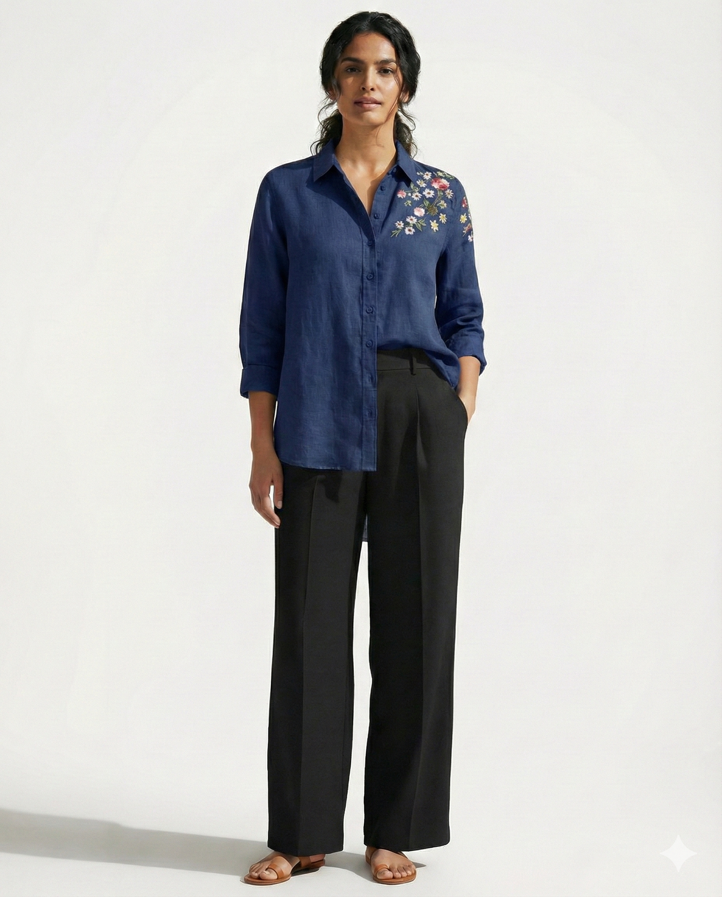 Mid Blue Bloom Embroidered Shirt