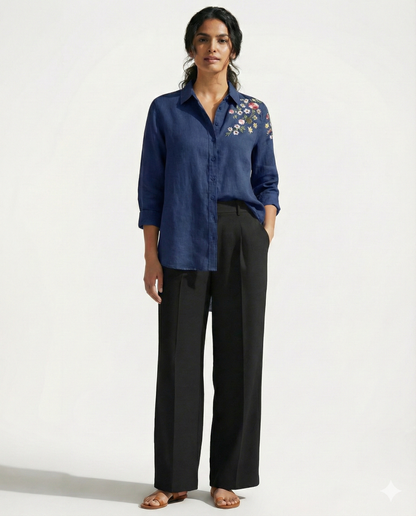 Mid Blue Bloom Embroidered Shirt