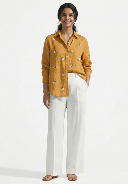 Yellow Daisy Embroidered Cotton Linen Shirt