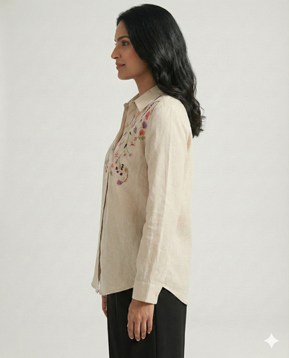 Beige Cotton Linen Bloom Shirt
