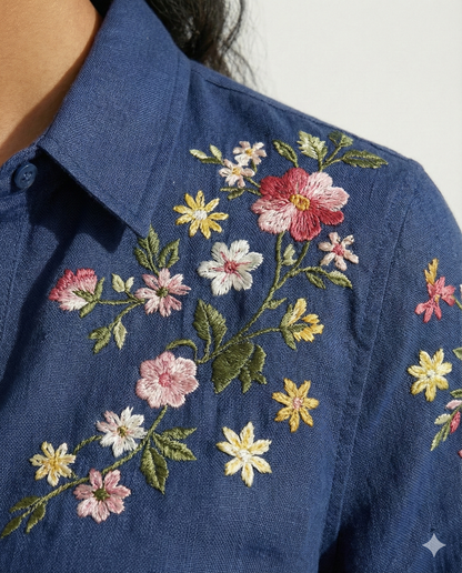 Mid Blue Bloom Embroidered Shirt