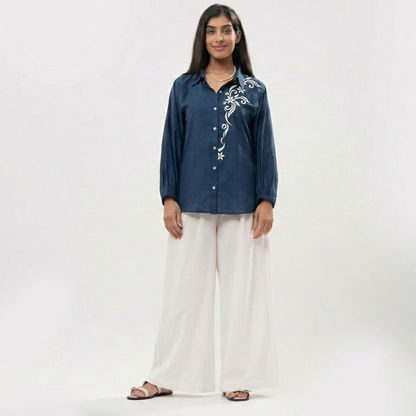 Blue Neck Embroidery Shirt