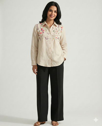 Beige Cotton Linen Bloom Shirt