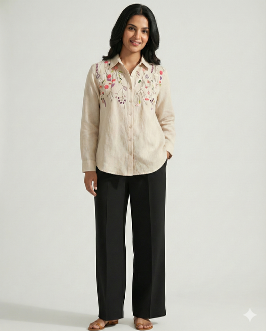 Beige Cotton Linen Bloom Shirt