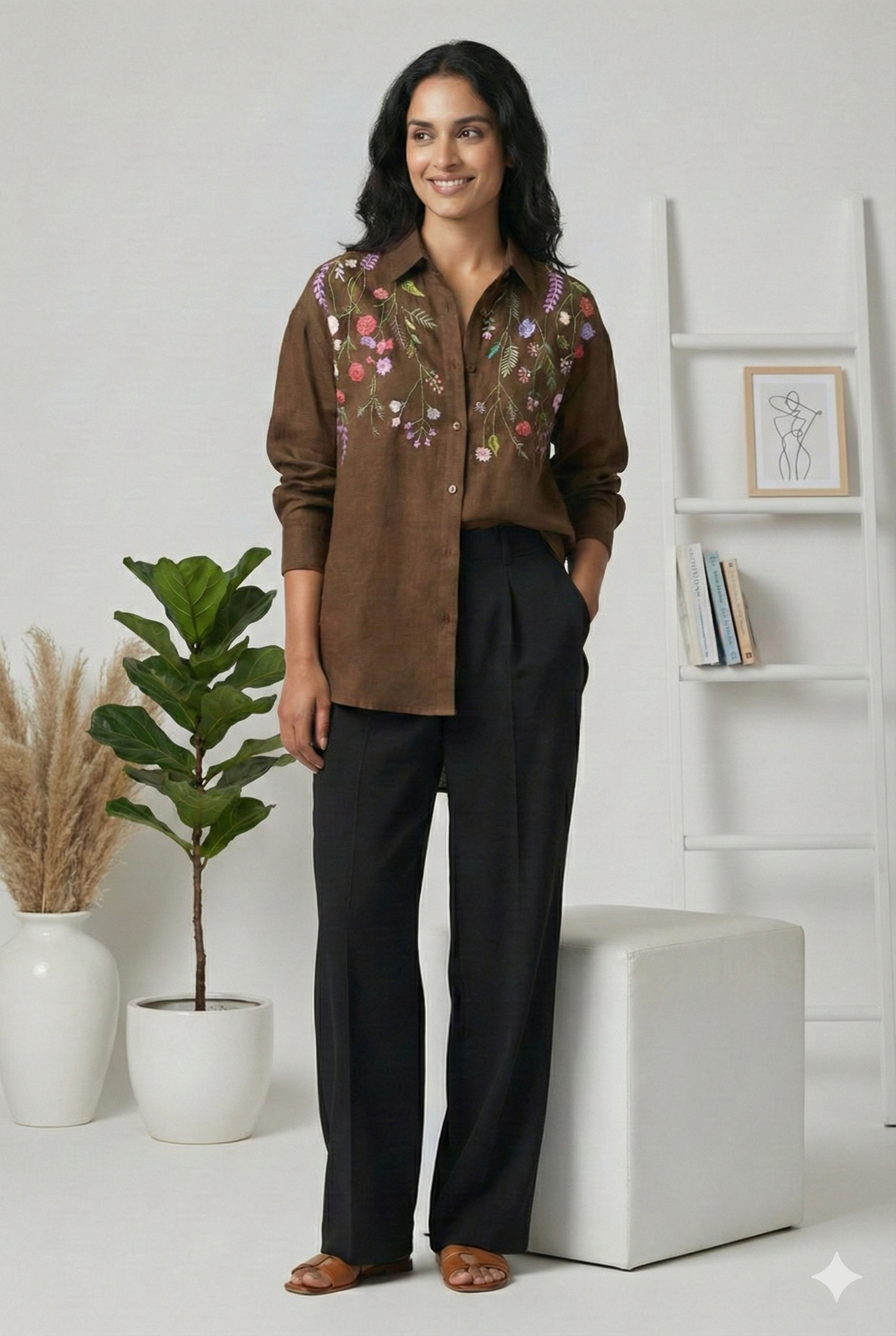 Brown Cotton Linen Bloom Shirt