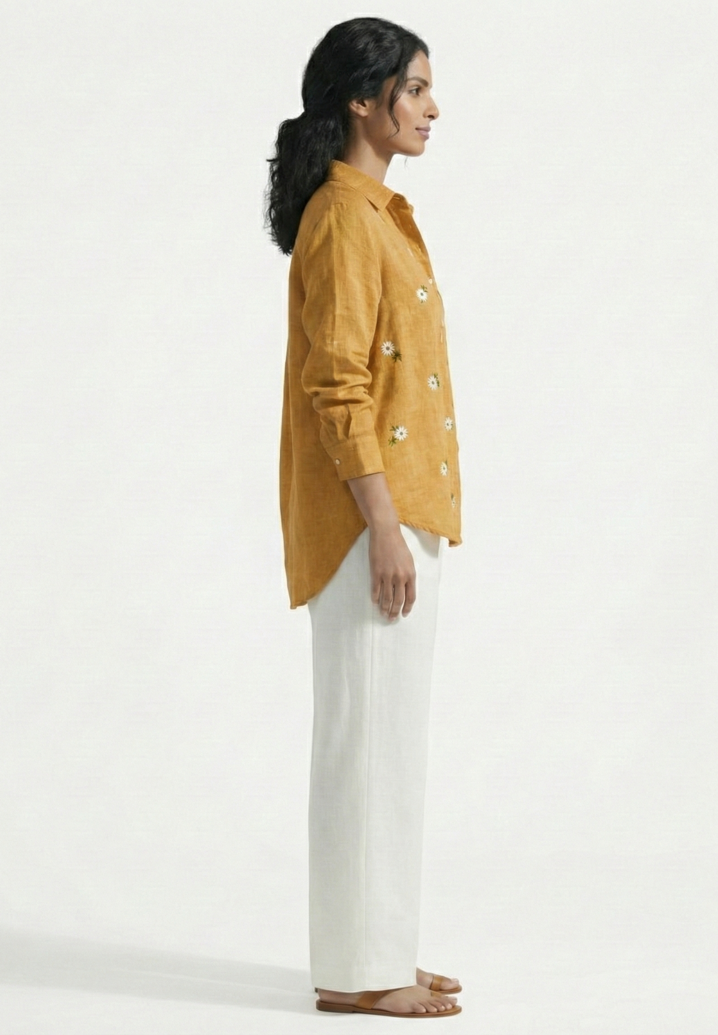Yellow Daisy Embroidered Cotton Linen Shirt