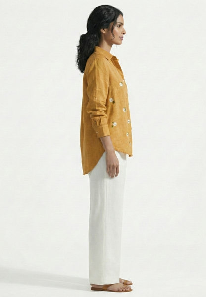 Yellow Daisy Embroidered Cotton Linen Shirt