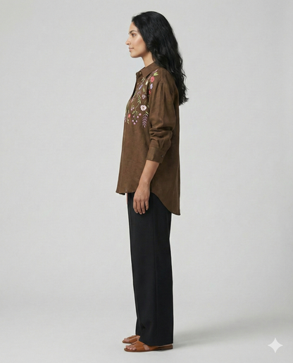 Brown Cotton Linen Bloom Shirt
