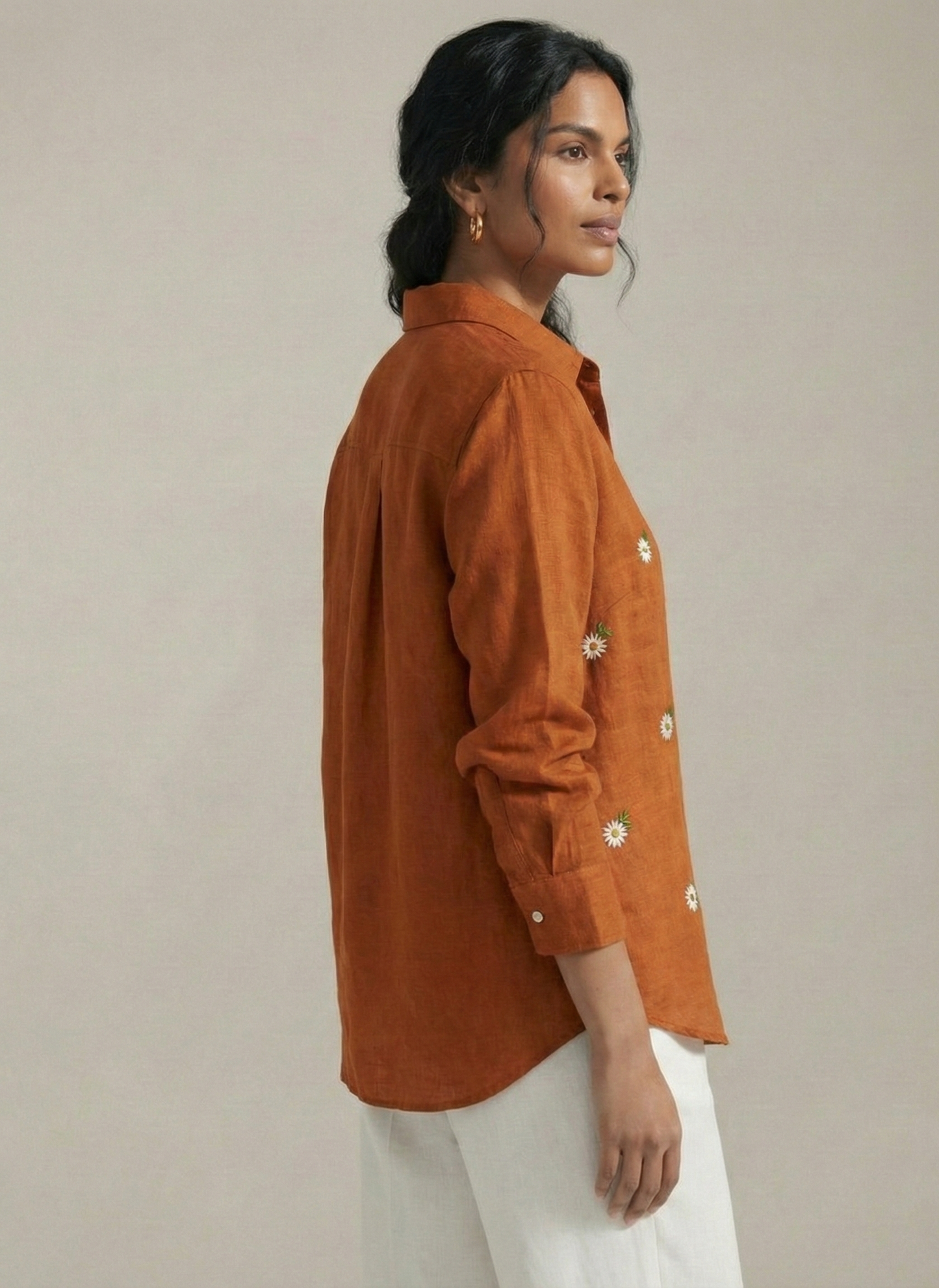 Sunset Daisy Embroidered Cotton Linen Shirt