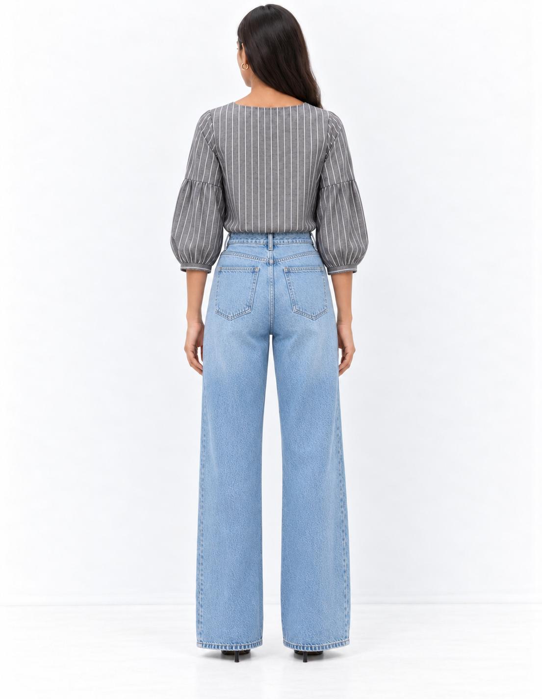 Grey Pinstripe Square Neck Blouse for Women | Tie Front Balloon Sleeve Top