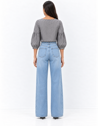Grey Pinstripe Square Neck Blouse for Women | Tie Front Balloon Sleeve Top