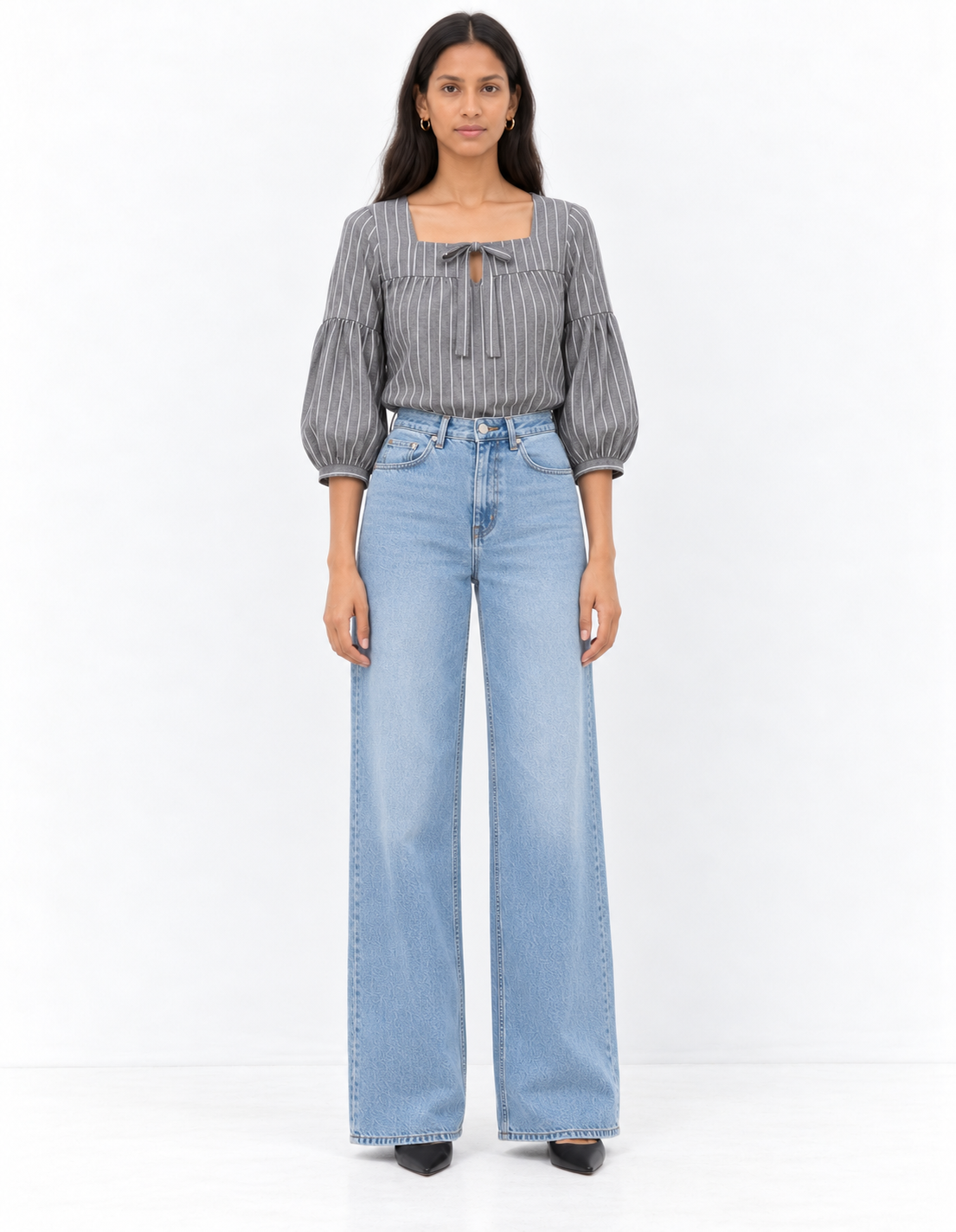 Grey Pinstripe Square Neck Blouse for Women | Tie Front Balloon Sleeve Top