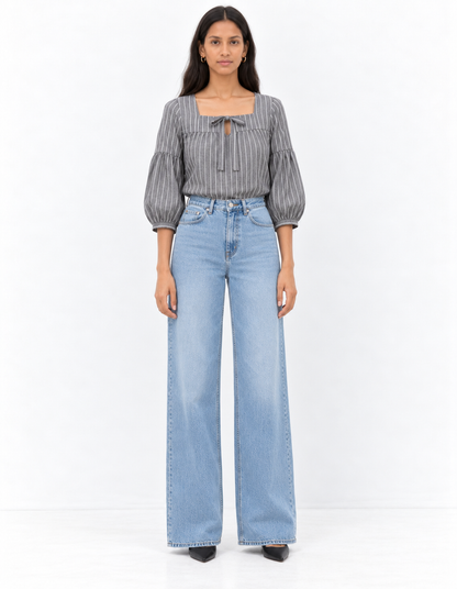 Grey Pinstripe Square Neck Blouse for Women | Tie Front Balloon Sleeve Top