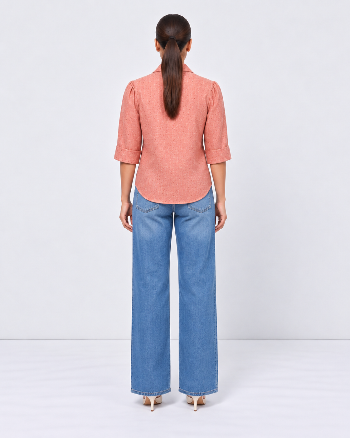 Coral Bow Tie European Linen Embroidered Top