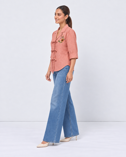Coral Bow Tie European Linen Embroidered Top