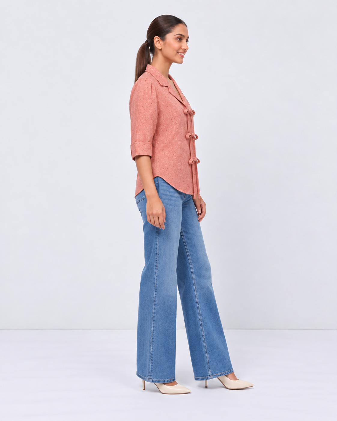 Coral Bow Tie European Linen Embroidered Top