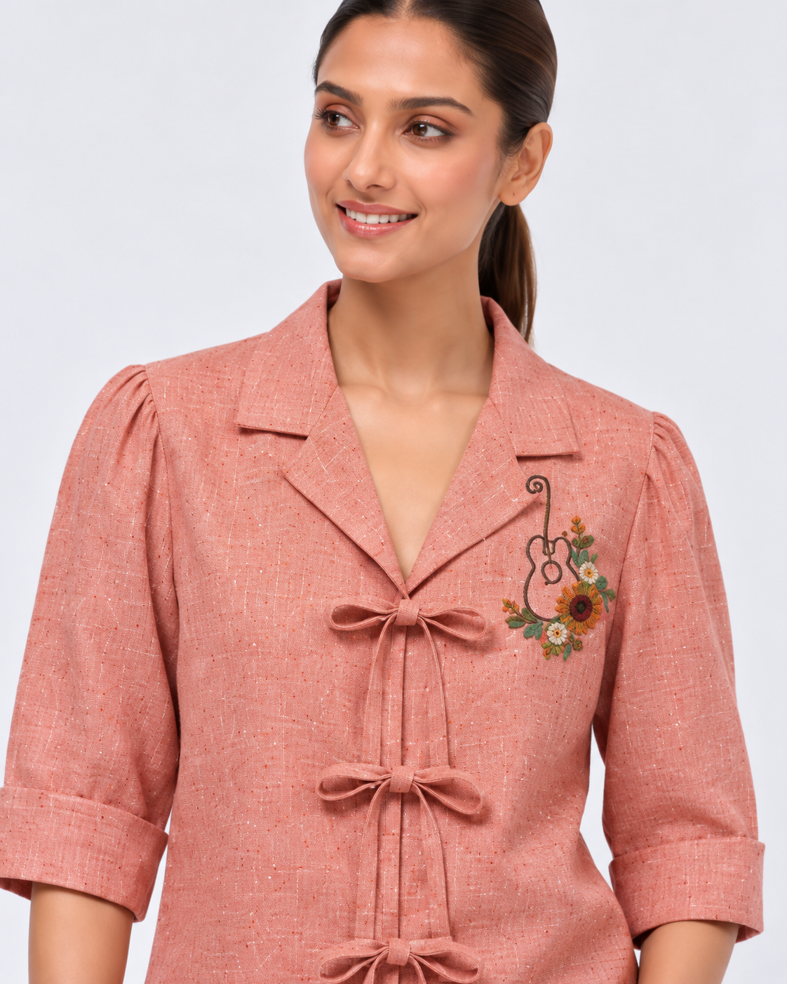 Coral Bow Tie European Linen Embroidered Top
