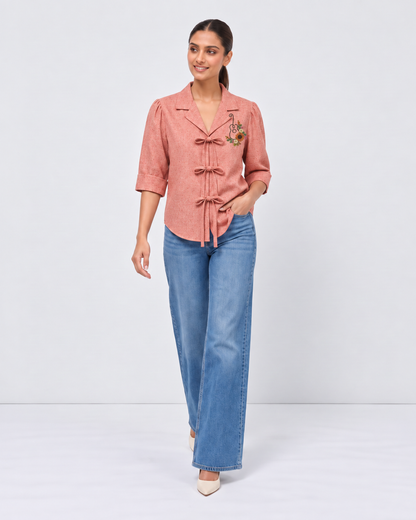 Coral Bow Tie European Linen Embroidered Top