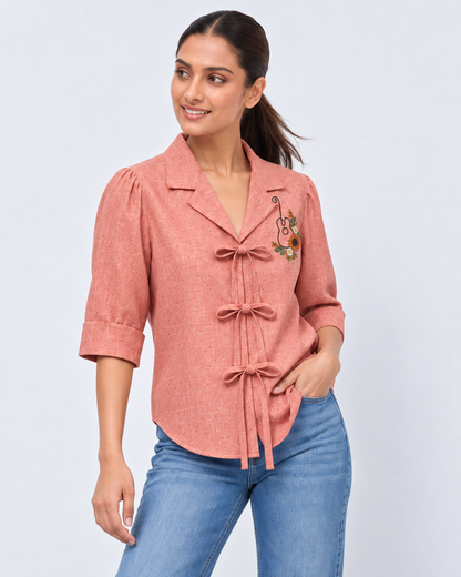 Coral Bow Tie European Linen Embroidered Top