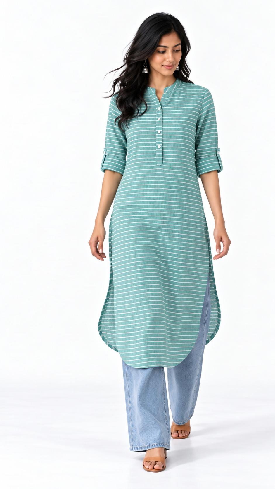 Samundar Teal Striped Cotton Linen Long Kurta for Women | Mandarin Collar Side Slit Kurti