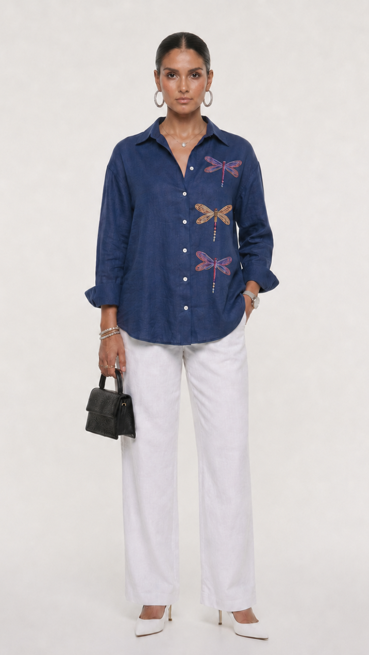 DRAGON FLY EMBROIDERED SHIRT DENIM BLUE