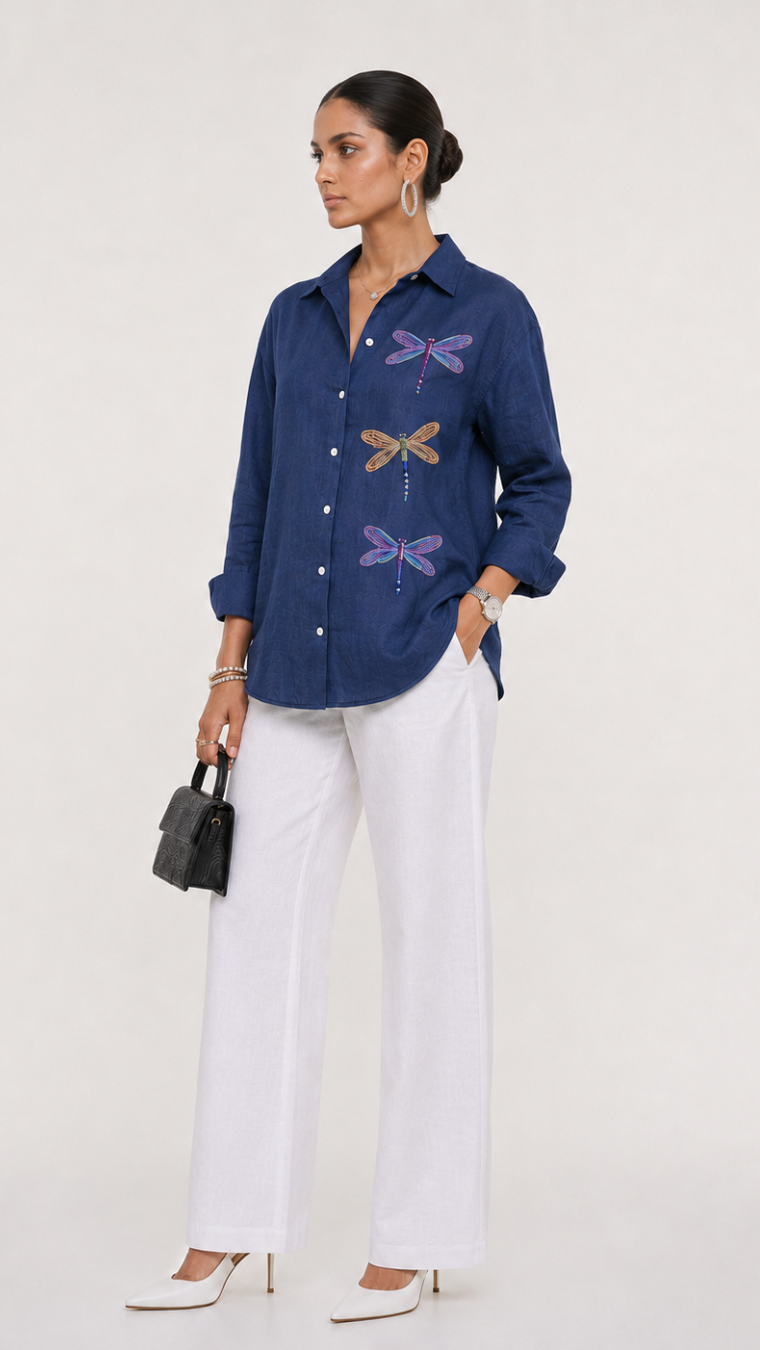 DRAGON FLY EMBROIDERED SHIRT DENIM BLUE