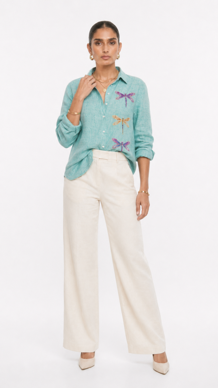DRAGON FLY EMBROIDERED SHIRT OCEAN GREEN
