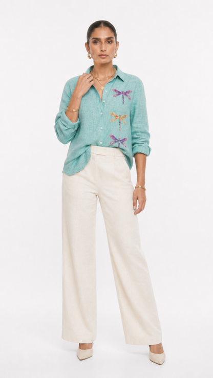 DRAGON FLY EMBROIDERED SHIRT OCEAN GREEN
