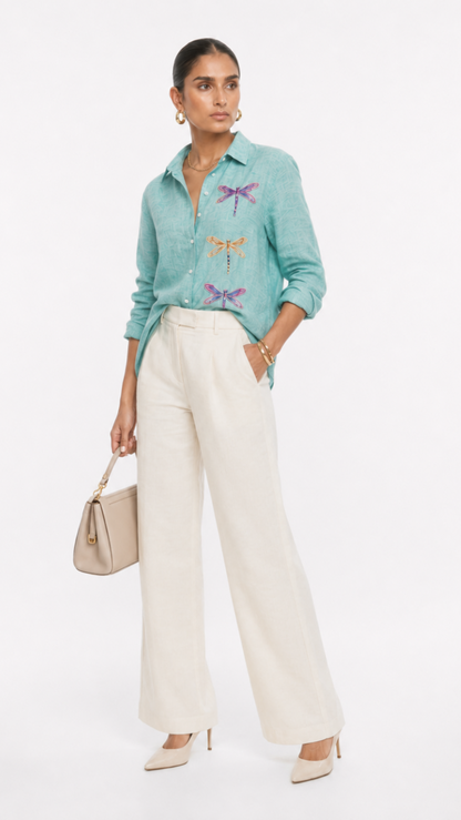 DRAGON FLY EMBROIDERED SHIRT OCEAN GREEN