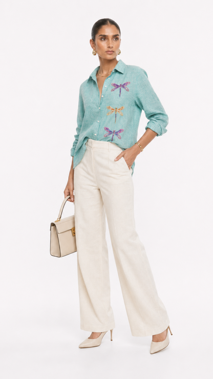 DRAGON FLY EMBROIDERED SHIRT OCEAN GREEN
