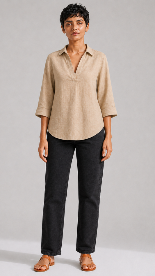 BEIGE FRONT PLEATED COTTON TOP