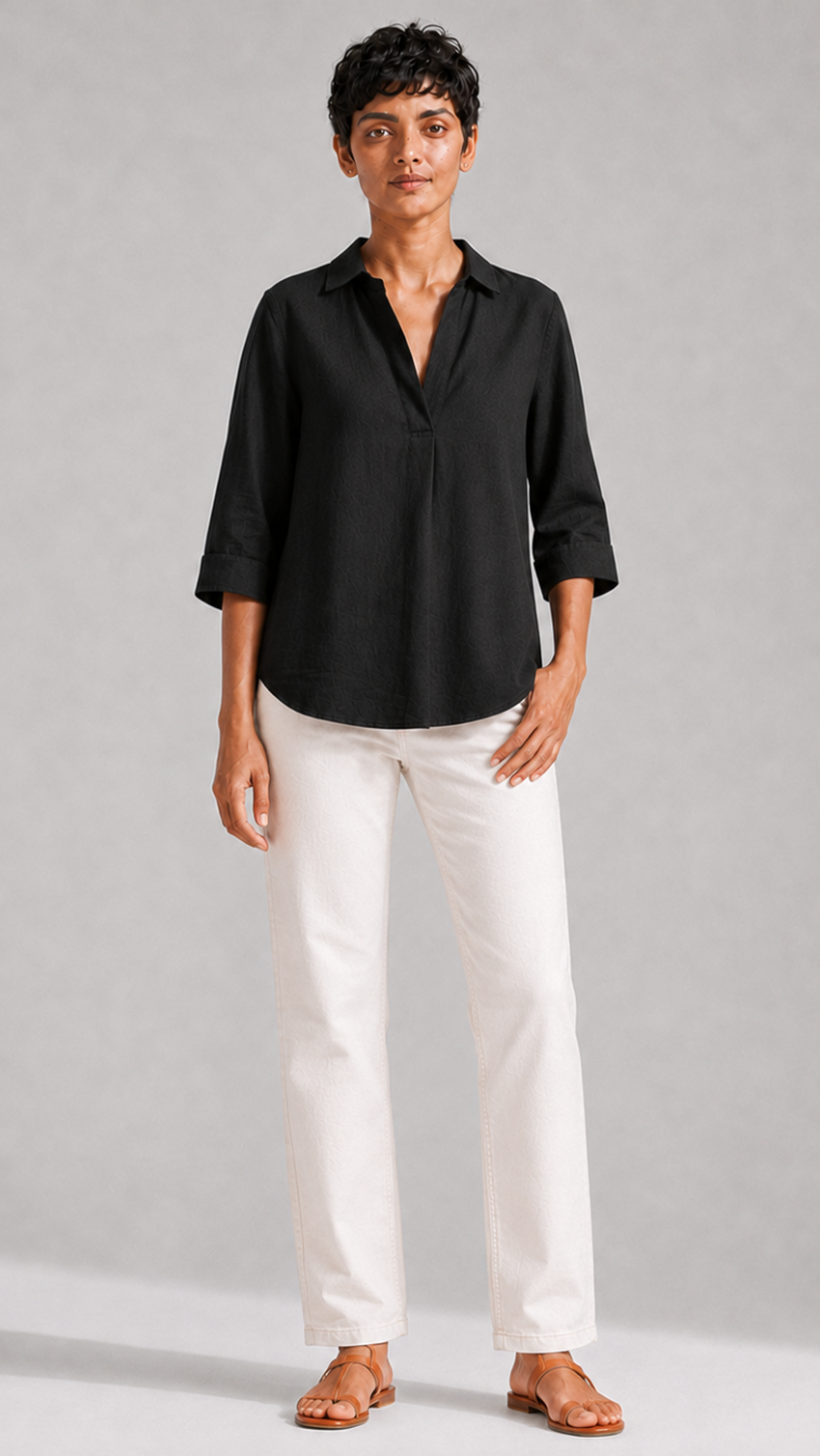 BLACK FRONT PLEATED COTTON TOP