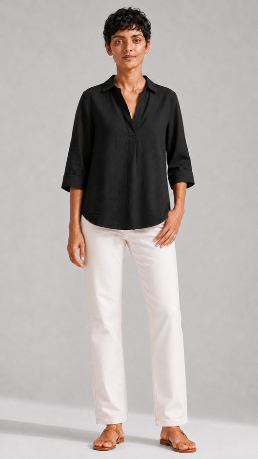BLACK FRONT PLEATED COTTON TOP