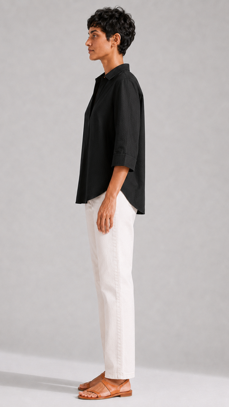 BLACK FRONT PLEATED COTTON TOP